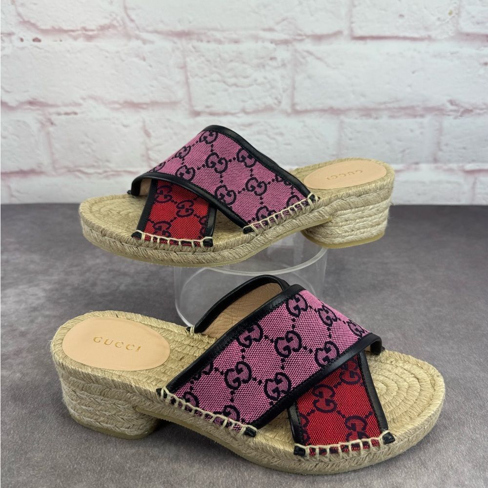 Gucci Multicolor Criss Cross Strap Red and Pink Espadrille Sandals Slides 37